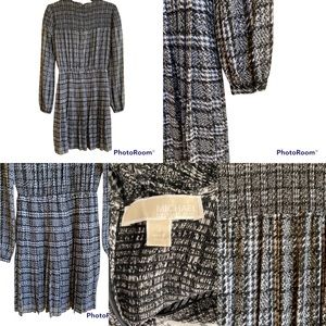 MICHAEL KORS black and white plaid‎ long sleeve cinch waist dress size 4